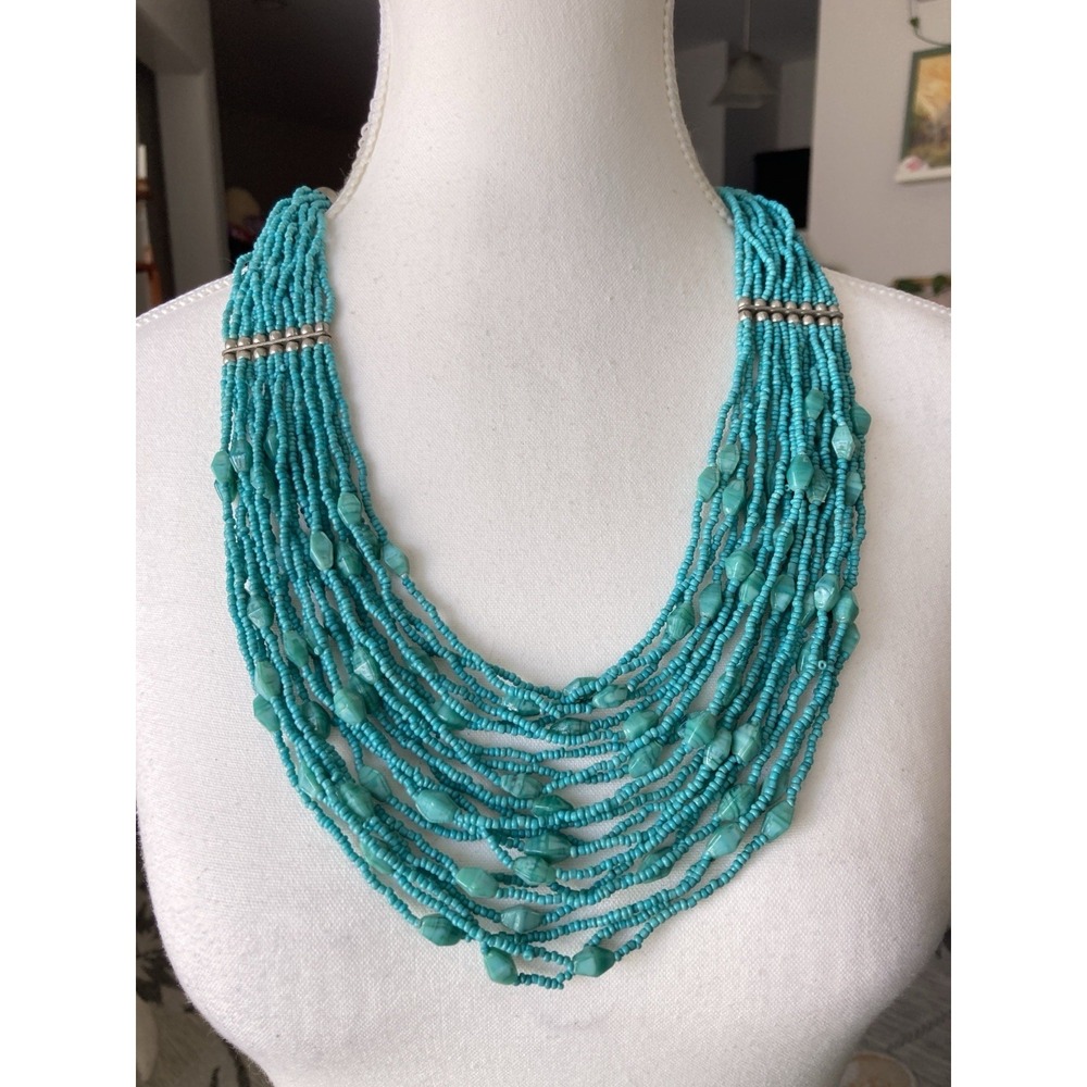 Turquoise Blue Color Multi Strand Seed Bead Necklace Southwestern Statement